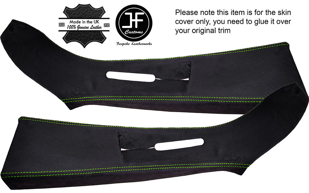 GREEN STITCH 2X UPPER B PILLAR PU SUEDE COVERS FITS VW T5 TRANSPORTER CARAVELLE