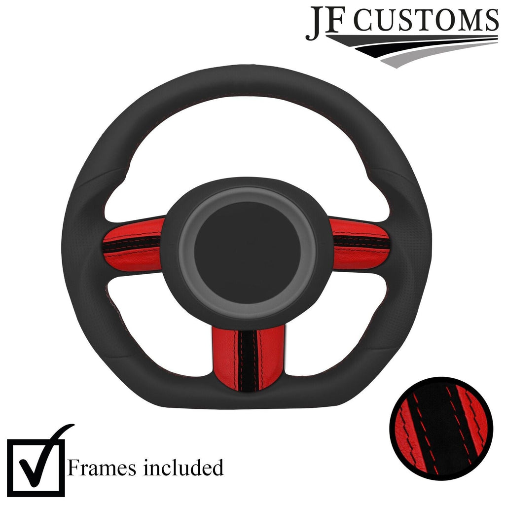 RED LEATHER SUEDE STRIPE 3-SPOKE STEERING TRIM COVERS+FRAMES FOR MINI R52 R53