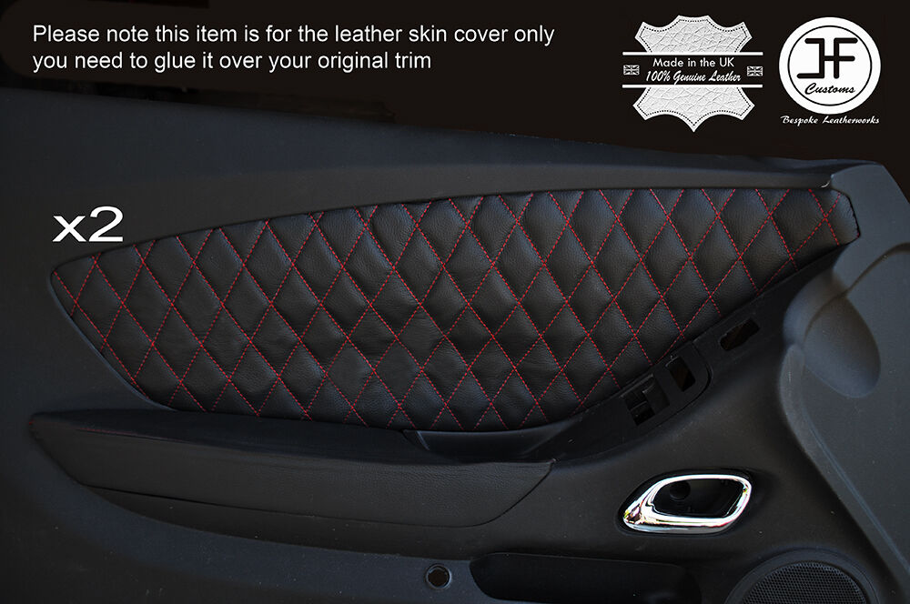 RED DIAMOND STITCH 2X FRONT DOOR CARD INSERT LEATHER COVERS FITS CAMARO 10-15
