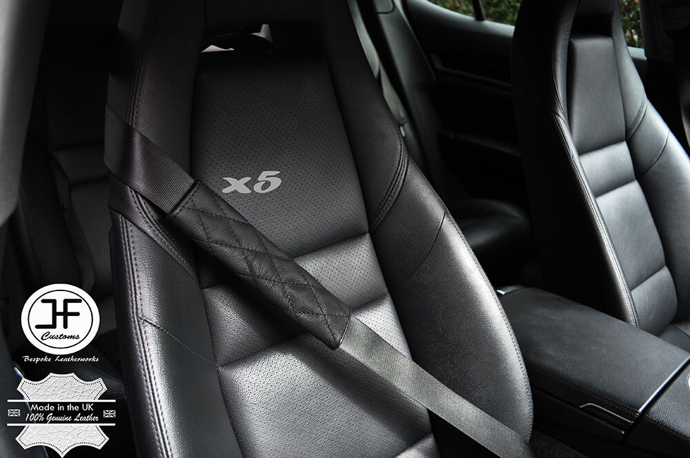 5X BLACK DIAMOND STITCH BLACK LEATHER LUXURY SHOULDER SEAT BELT PADDED PADS