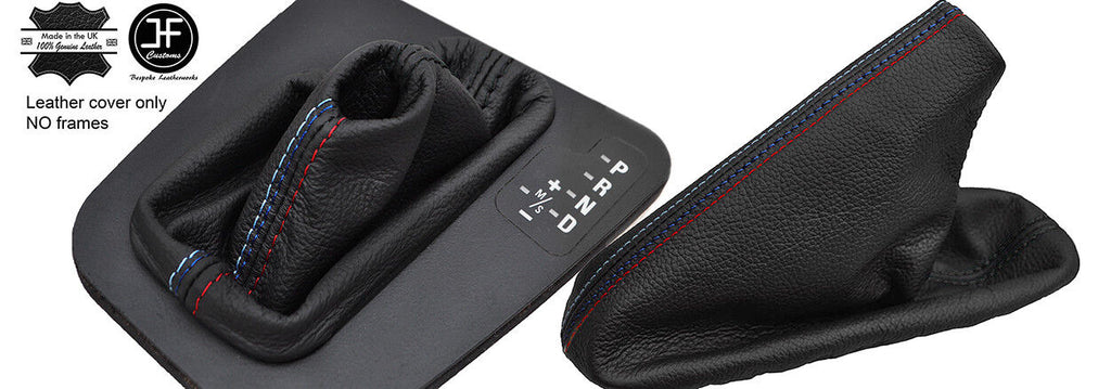 BLACK & TRI STITCH REAL LEATHER AUTOMATIC GAITER SET FITS BMW E46 99-05
