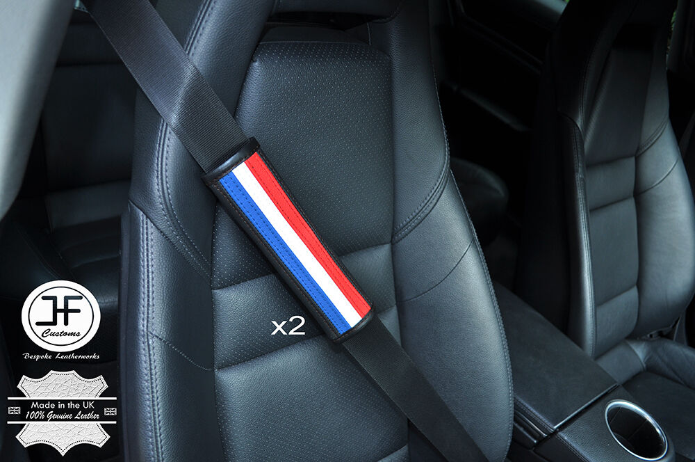2X FOR MUSTANG BLACK STITCH LEATHER LUXURY SHOULDER SEAT BELT PADS STRIPES