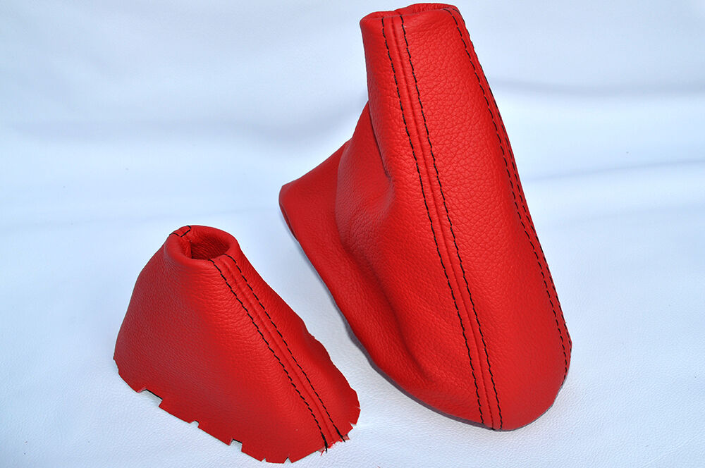 RED LEATHER BLACK STITCH AUTO AUTOMATIC GEAR & HANDBRAKE GAITERS FITS BMW E46
