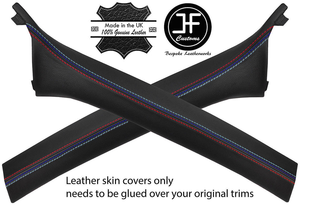 BLACK LEATHER TRI STITCH 2X A PILLAR COVER FOR BMW E46 CONVERTIBLE 98-05 STYLE 2