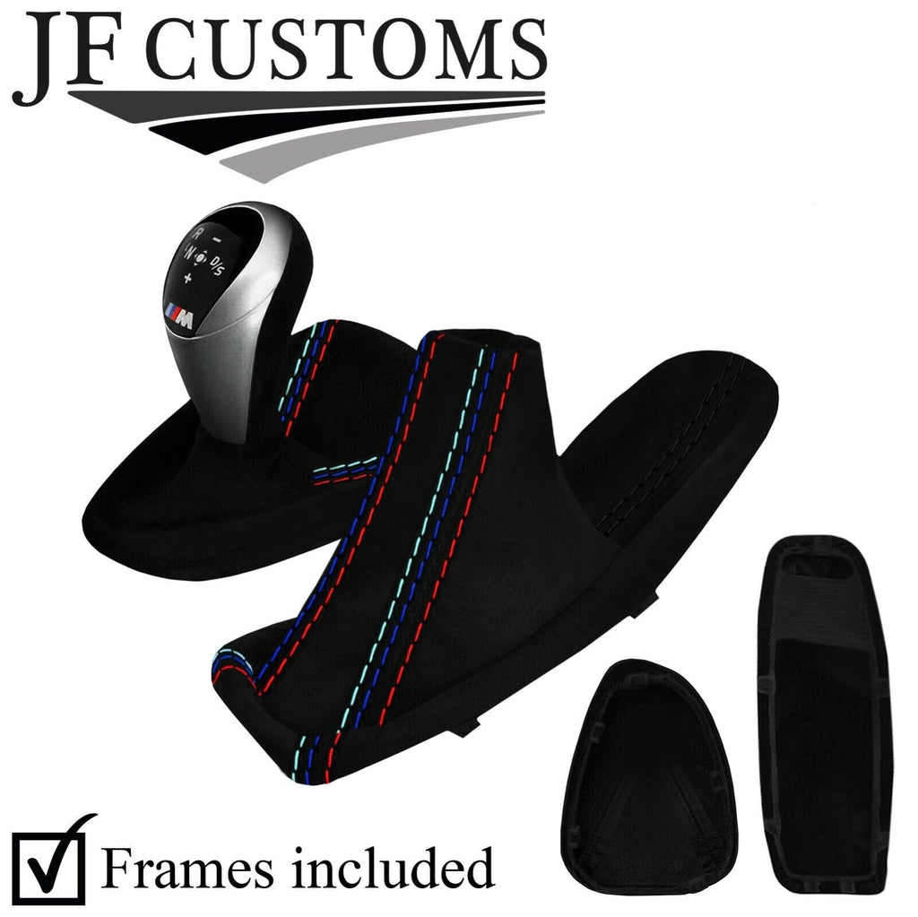 BLACK & TRI STITCH  SUEDE DCT GEAR HANDBRAKE + FRAMES FOR BMW E90 E92 E93 JFM