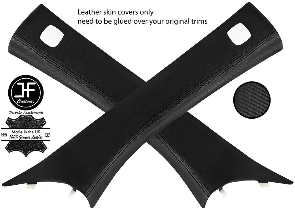 BLACK STITCH 2X A PILLAR LEATHER CARBON VINYL COVERS FOR SMART FORTWO 453 14-19