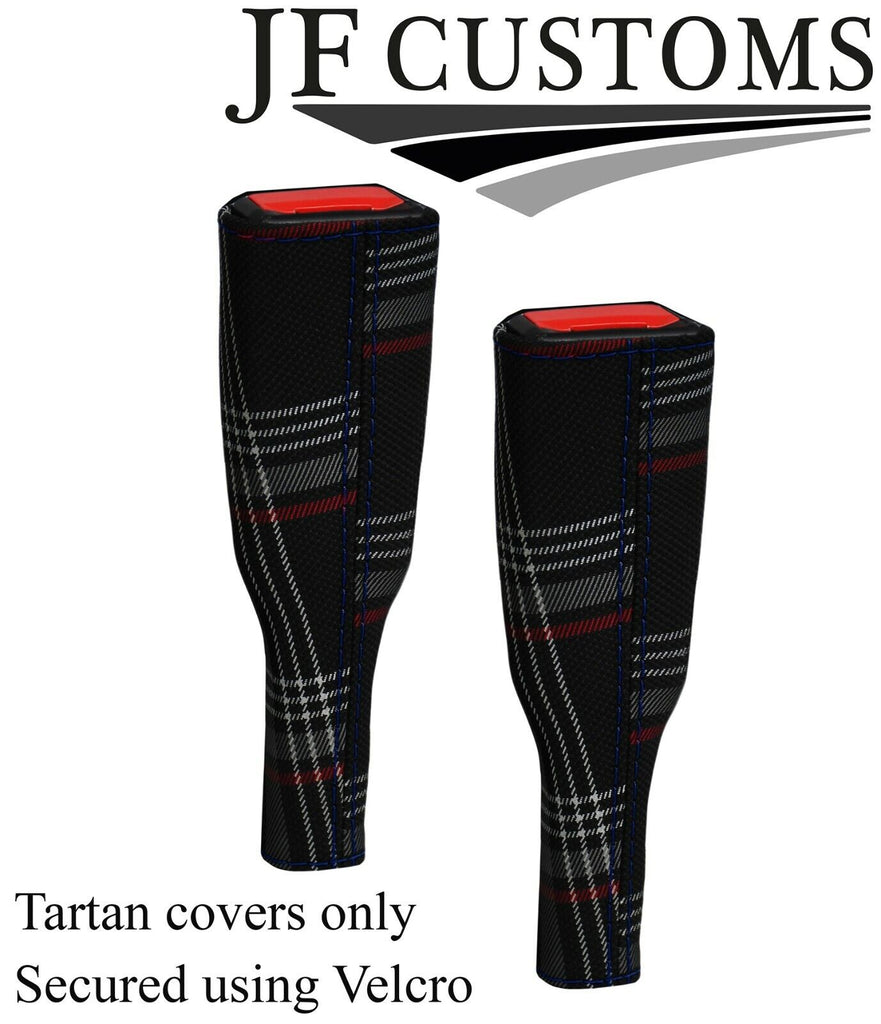 D BLUE STITCH RED TARTAN 2X SEAT BELT TALL COVERS FOR VW GOLF MK8 VIII 19-21
