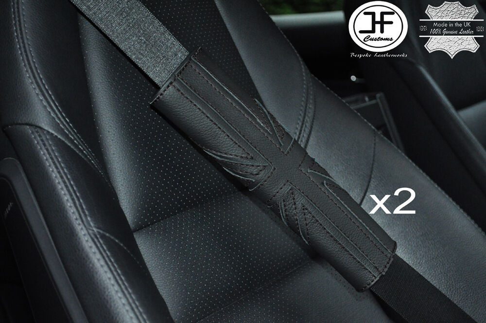 2X UNION JACK DESIGN BLACK STITCH LEATHER LUXURY SHOULDER SEAT BELT PADDED PADS
