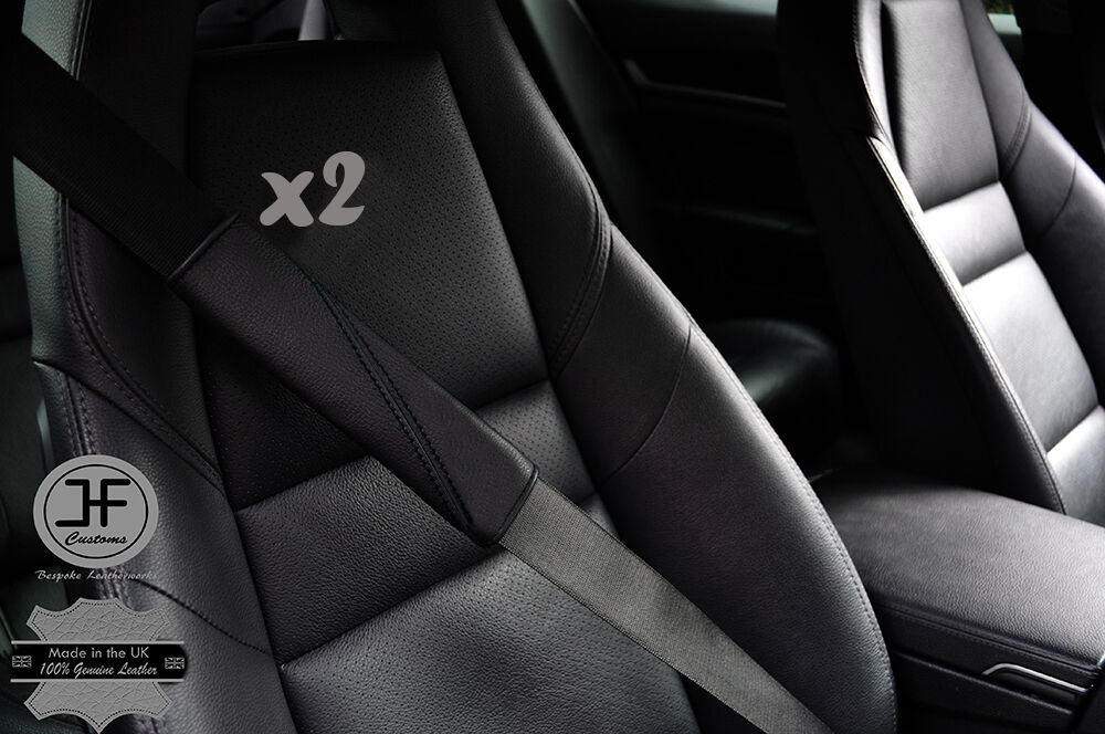 2X BLACK LEATHER BLACK STITCHING LUXURY SHOULDER SEAT BELT PADDED PADS