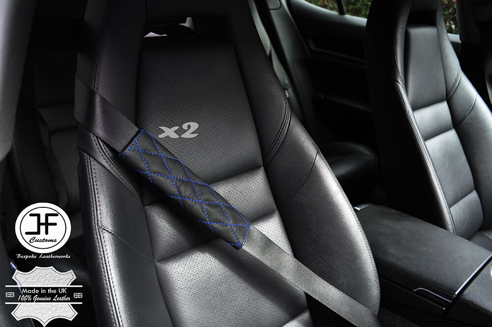 2X MID BLUE DIAMOND STITCH BLACK LEATHER LUXURY SHOULDER SEAT BELT PADDED PADS