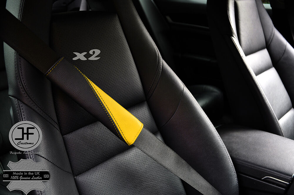 2X BLACK & YELLOW LEATHER TWO TONE LUXURY SHOULDER SEAT BELT PADDED PADS