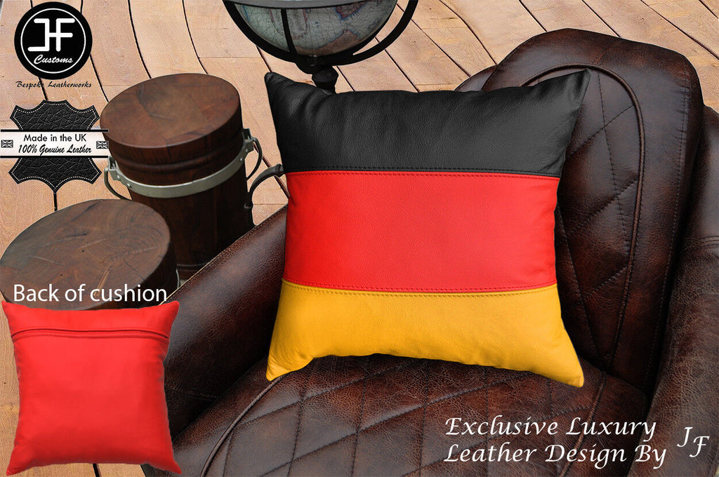 GERMAN FLAG COLOUR LEATHER 1X EXCLUSIVE LUXURY CUSHION 18"x18" RED BACK