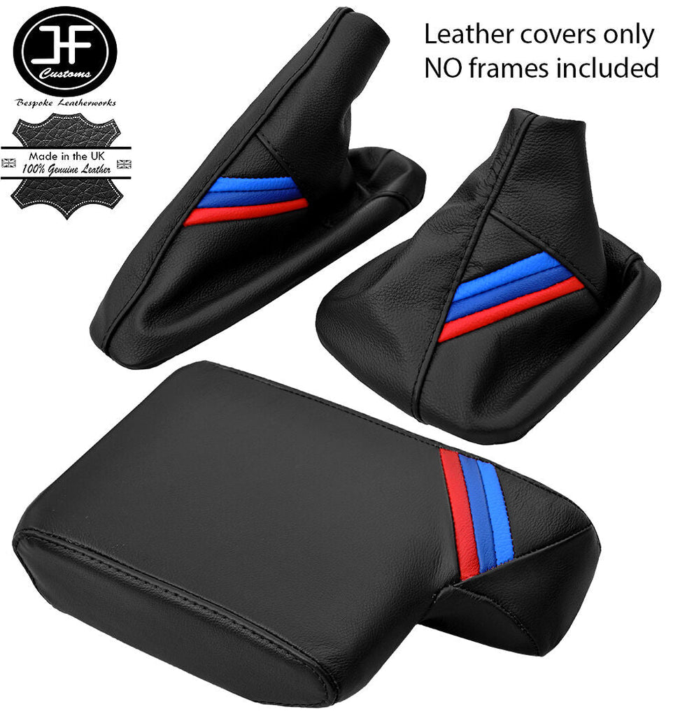 BLACK LEATHER TRISTRIPES GEAR HANDBRAKE ARMREST COVER FOR BMW 3 SERIES E36 91-99