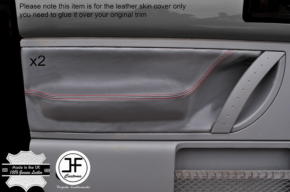 RED STITCH GREY LEATHER 2X FRONT DOOR CARD TRIM  COVERS FITS VW BEETLE 98-11