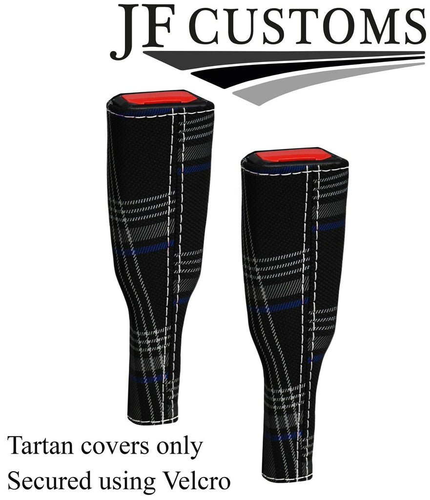 WHITE STITCH BLUE TARTAN 2X SEAT BELT TALL COVERS FOR VW CADDY MK4 2016-2021