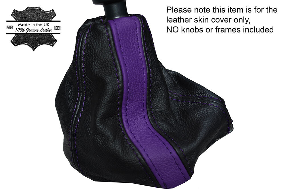 BLACK & PURPLE STRIPE LEATHER SKIN GEAR GAITER FITS FIAT 500 & 500 ABARTH 07-14