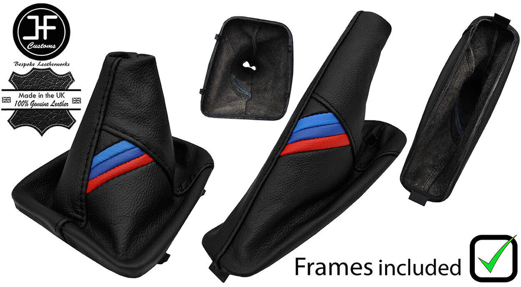 BLACK LEATHER TRI STRIPE MANUAL GAITER SET +PLASTIC FRAME FOR BMW 3 E46 3 99-05