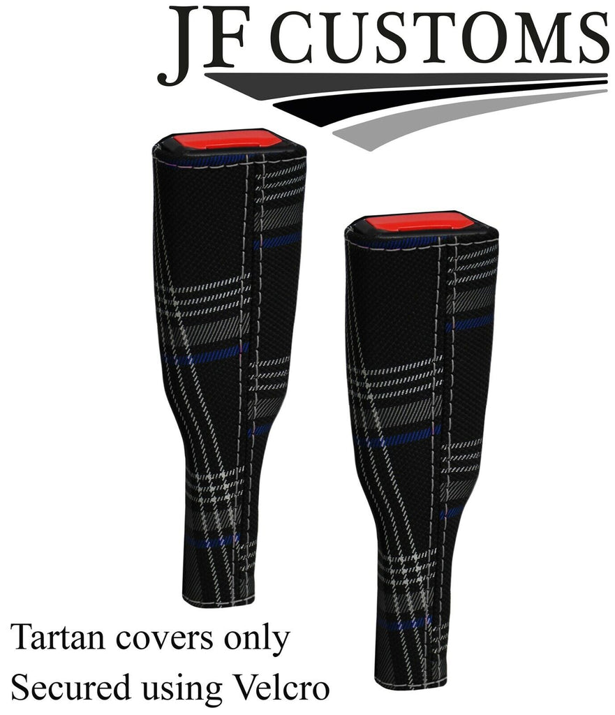 GREY STITCH BLUE TARTAN 2X SEAT BELT TALL COVERS FOR VW CADDY MK4 2016-2021