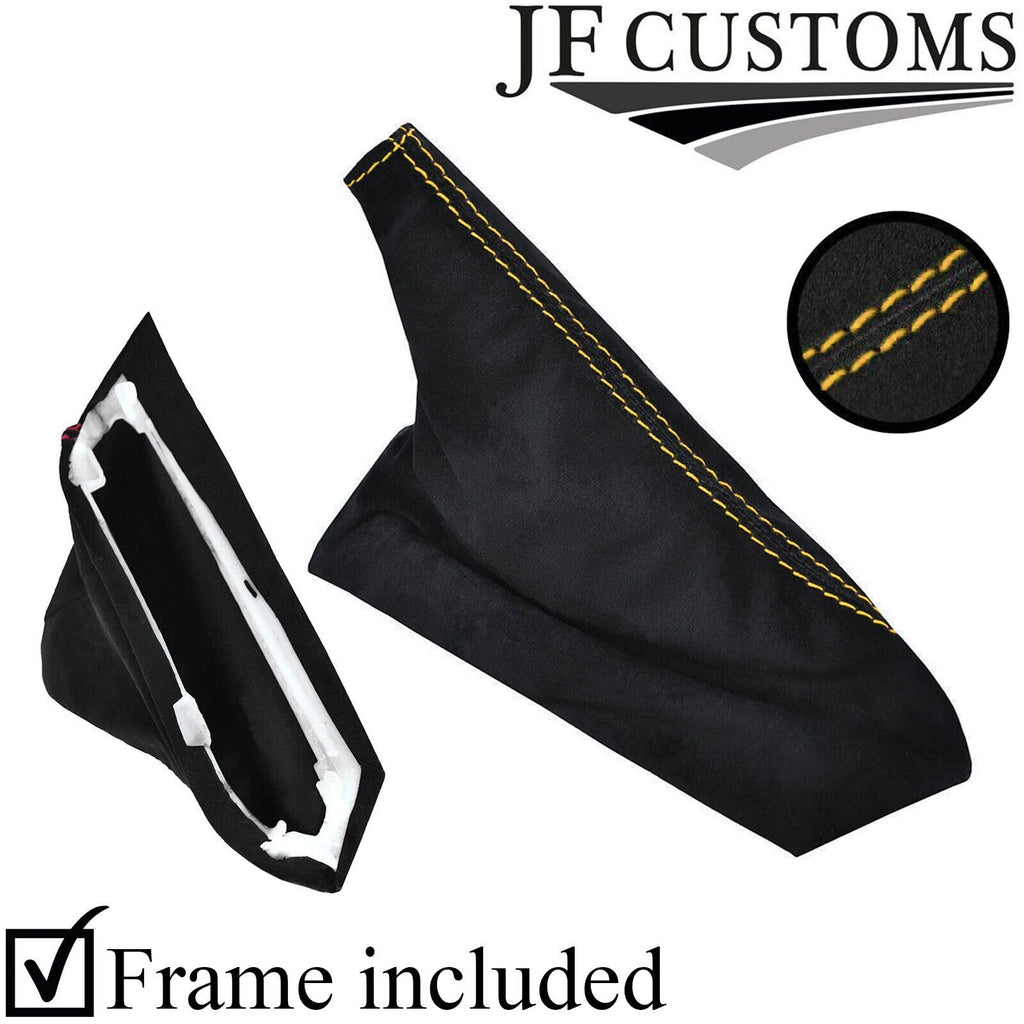 YELLOW STITCH REAL SUEDE HANDBRAKE COVER + PLASTIC FRAME FOR CORVETTE C6 05-13