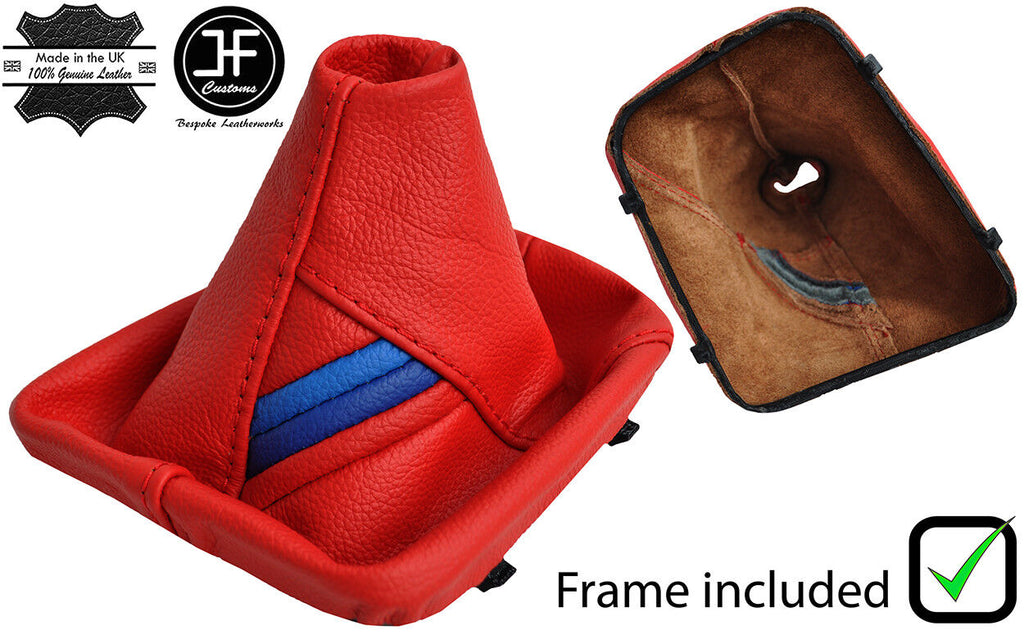 RED LEATHER TRI STRIPE MANUAL GEAR GAITER+PLASTIC FRAME FOR BMW E46 99-05