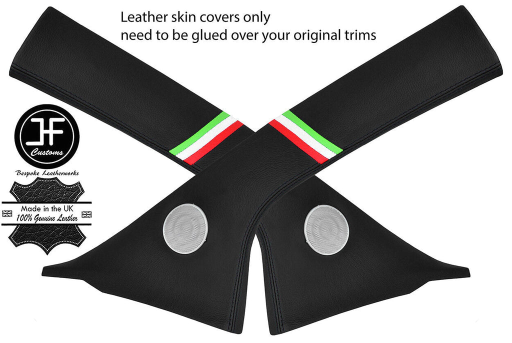 BLACK STITCH 2X A PILLAR ITALIAN FLAG REAL LEATHER COVERS FOR FIAT 500 07-15