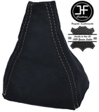 WHITE DOUBLE STITCH FITS SAAB 93 9-3 SS 2003+ GEAR GAITER REAL BLACK SUEDE