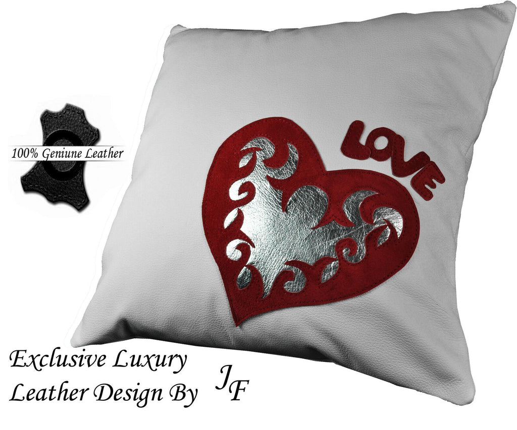 WHITE EXCLUSIVE LUXURY GENUINE LEATHER CUSHION LOVE HEART GIFT DESIGN VALENTINES
