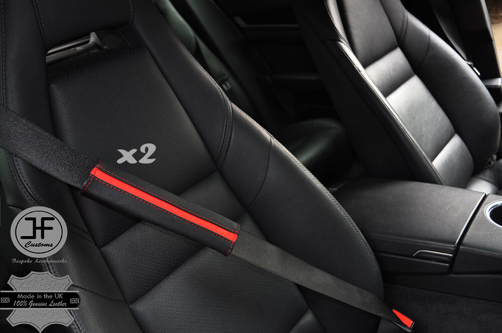 2X BLACK LEATHER & BRIGHT RED STRIPE LUXURY SHOULDER SEAT BELT PADDED PADS