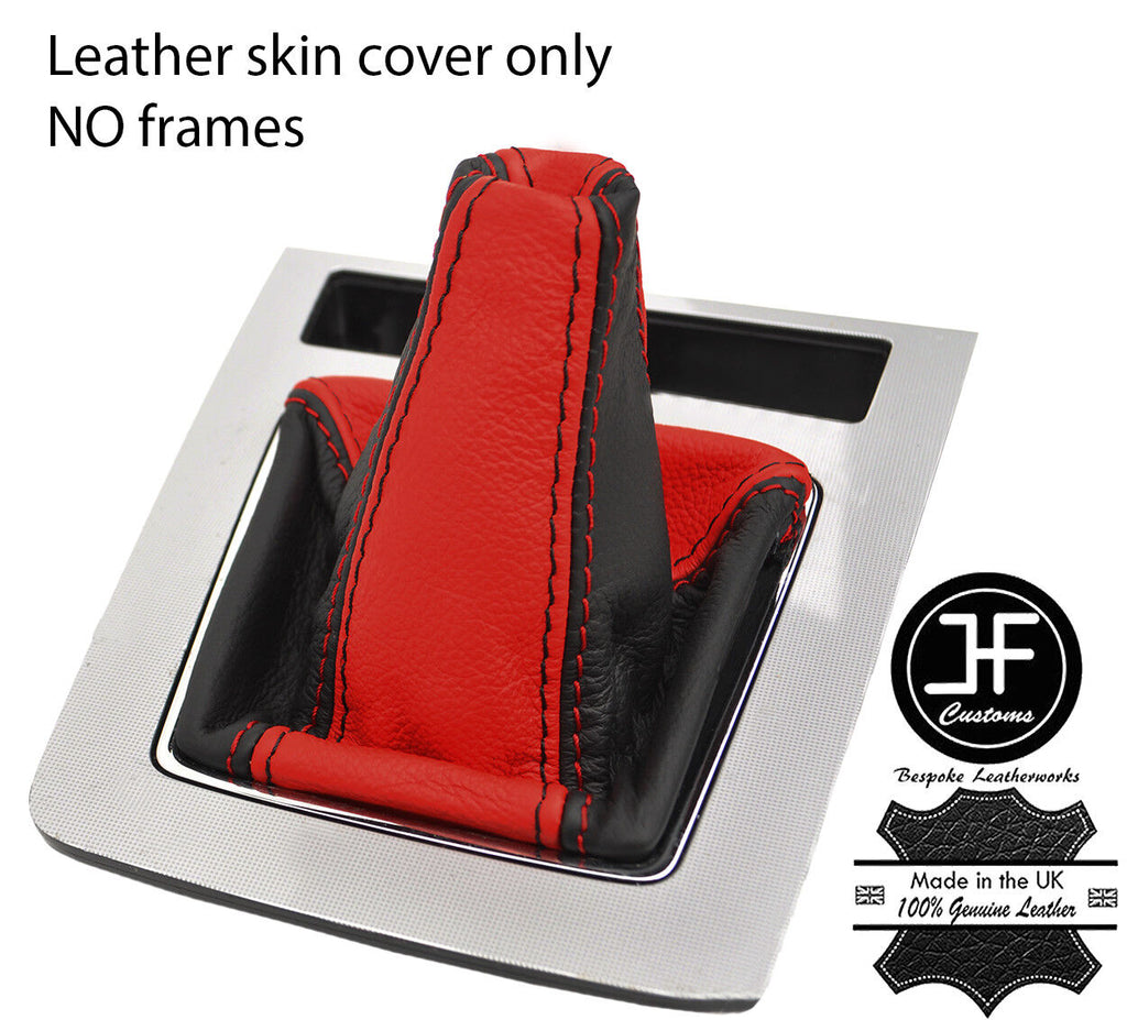 BLACK & RED TOP GRAIN REAL LEATHER GEAR GAITER FITS SKODA OCTAVIA MK3 13-17