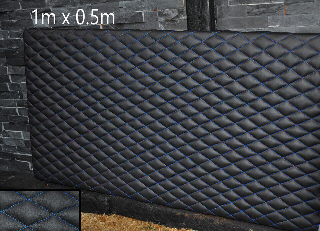 BLACK LEATHER PADDED L  BLUE DIAMOND STITCH 1M X 0.5M UPHOLSTERY FURNITURE AUTO
