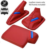 DARK RED LEATHER SET STRIPE GEAR HANDBRAKE ARMREST COVER FOR BMW E90 E91 E92 E93