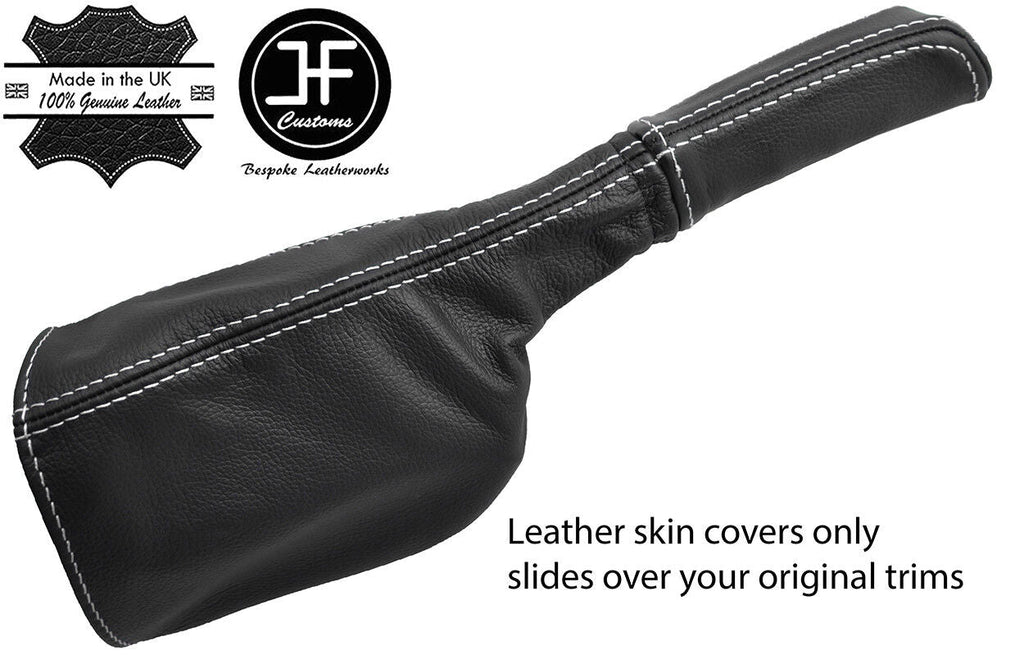 WHITE  STITCH LEATHER HANDBRAKE GAITER+HANDLE COVER FITS DEFENDER 90 110 STYLE 2