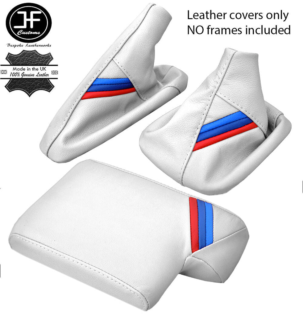 WHITE LEATHER TRI STRIPES GEAR HANDBRAKE ARMREST COVER FOR BMW E90 E91 E92 E93