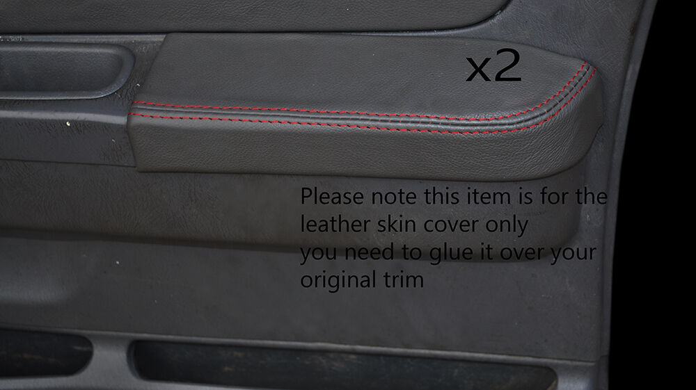 RED STITCH 2X DOOR ARMREST GREY LEATHER SKIN COVERS FITS NISSAN NAVARA D22