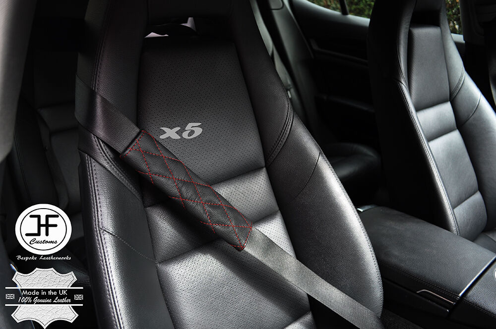 5X DARK RED DIAMOND STITCH BLACK LEATHER LUXURY SHOULDER SEAT BELT PADDED PADS