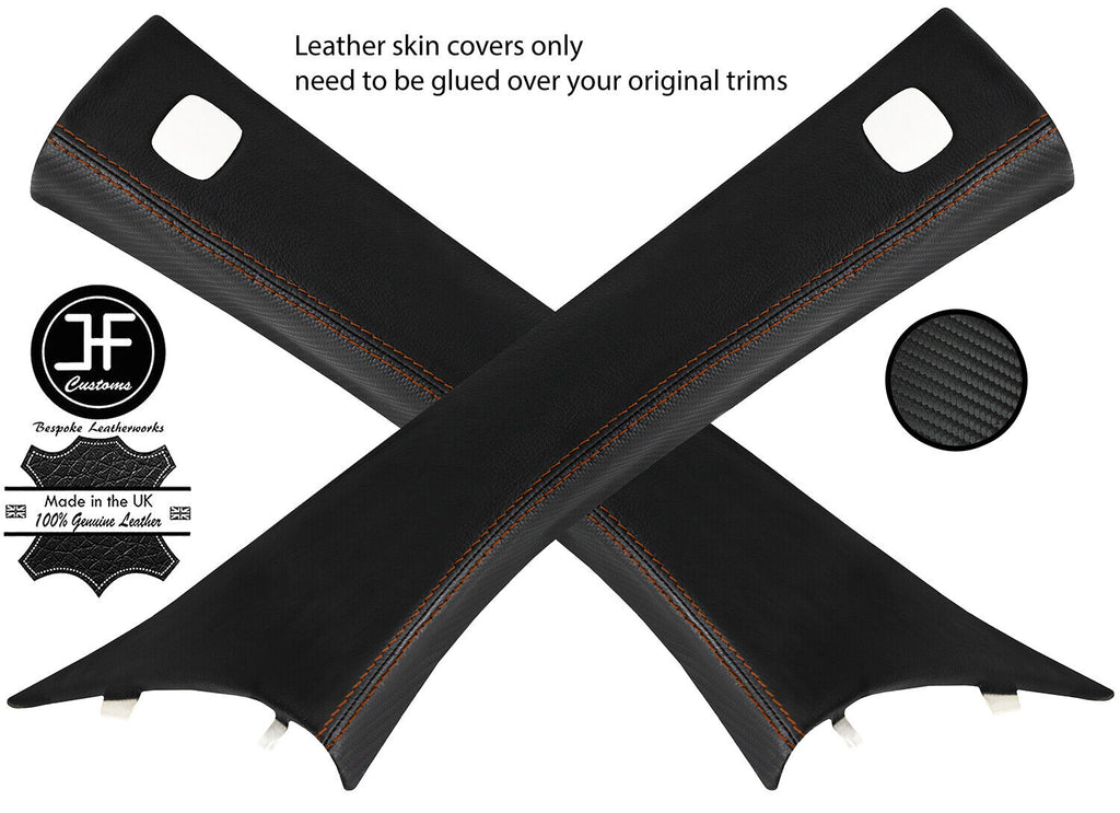 BROWN STITCH 2X A PILLAR LEATHER CARBON VINYL COVERS FOR SMART FORTWO 453 14-19