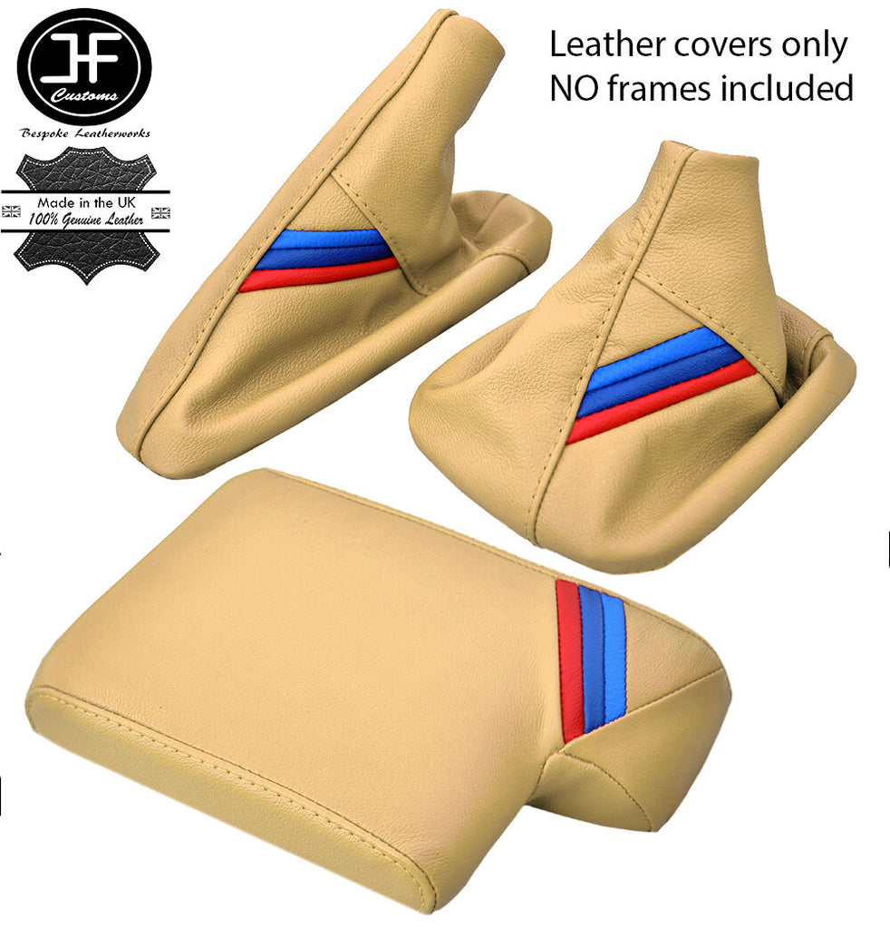 BEIGE LEATHER TRI STRIPES GEAR HANDBRAKE ARMREST COVER FOR BMW E90 E91 E92 E93