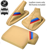 BEIGE LEATHER TRI STRIPES GEAR HANDBRAKE ARMREST COVER FOR BMW E90 E91 E92 E93