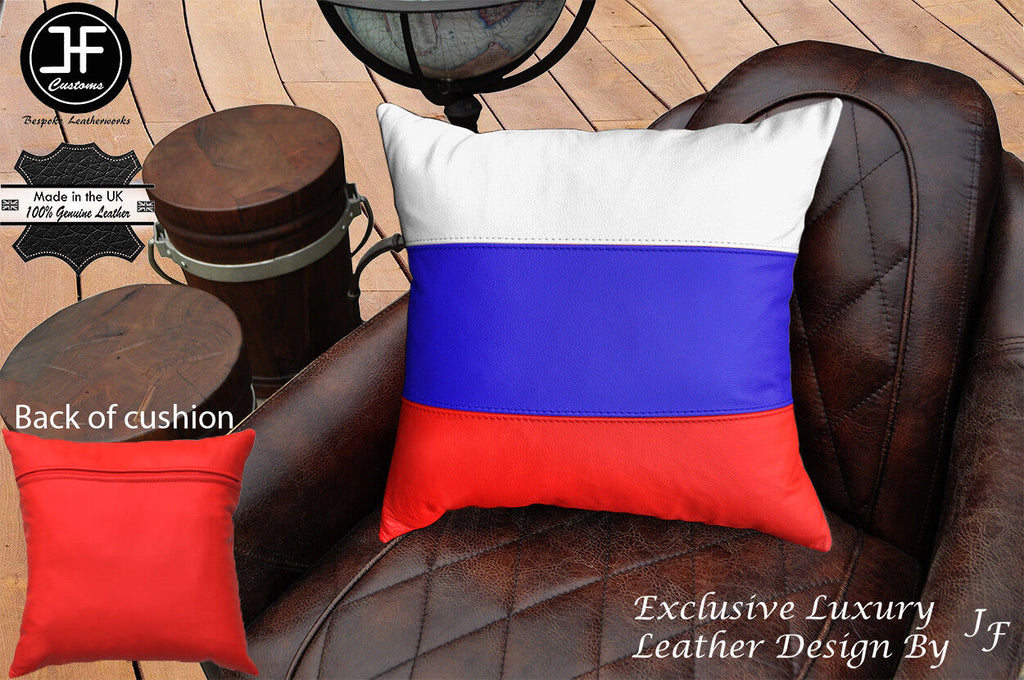 RUSSIAN FLAG COLOUR LEATHER 1X EXCLUSIVE LUXURY CUSHION 18"x18" RED BACK