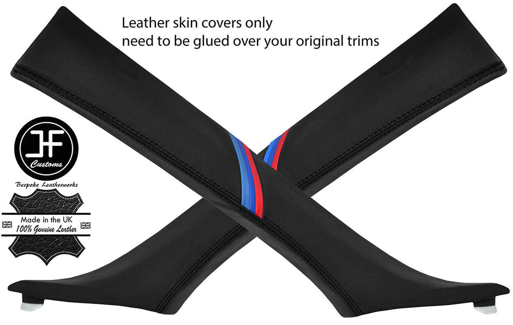 BLACK STITCH TRI STRIPE 2X A PILLAR LEATHER COVERS FOR BMW E60 E61 03-11