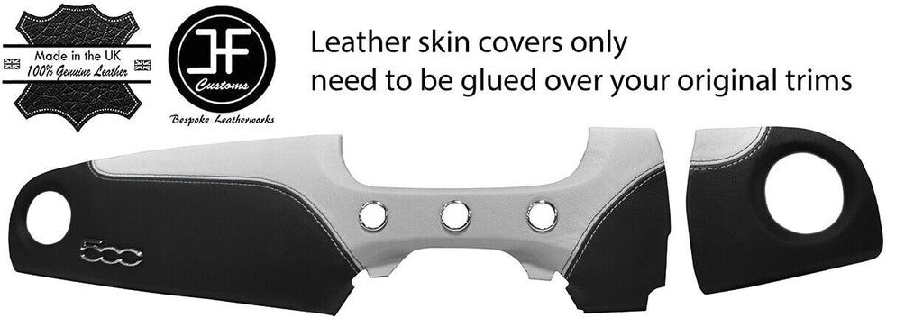 BLACK & WHITE LEATHER 2 PIECE DASH KIT COVER FITS FIAT 500 ABARTH 07-16 STYLE 2