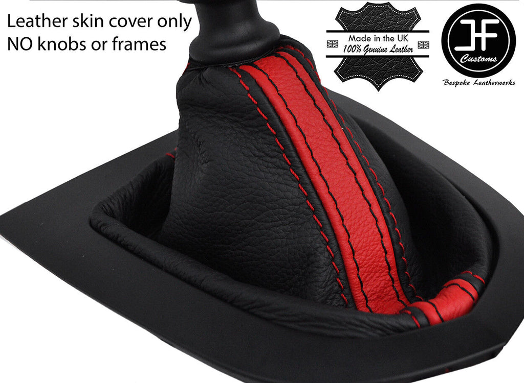 BLACK & RED  STRIPE TOP GRAIN REAL LEATHER GEAR GAITER FITS PEUGEOT RCZ 09-15