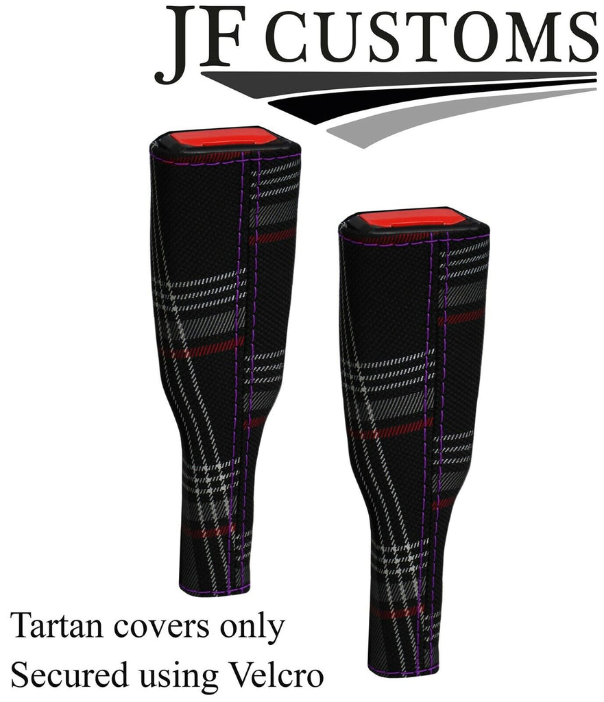 PURPLE STITCH RED TARTAN 2X SEAT BELT TALL COVERS FOR VW CADDY MK4 2016-2021