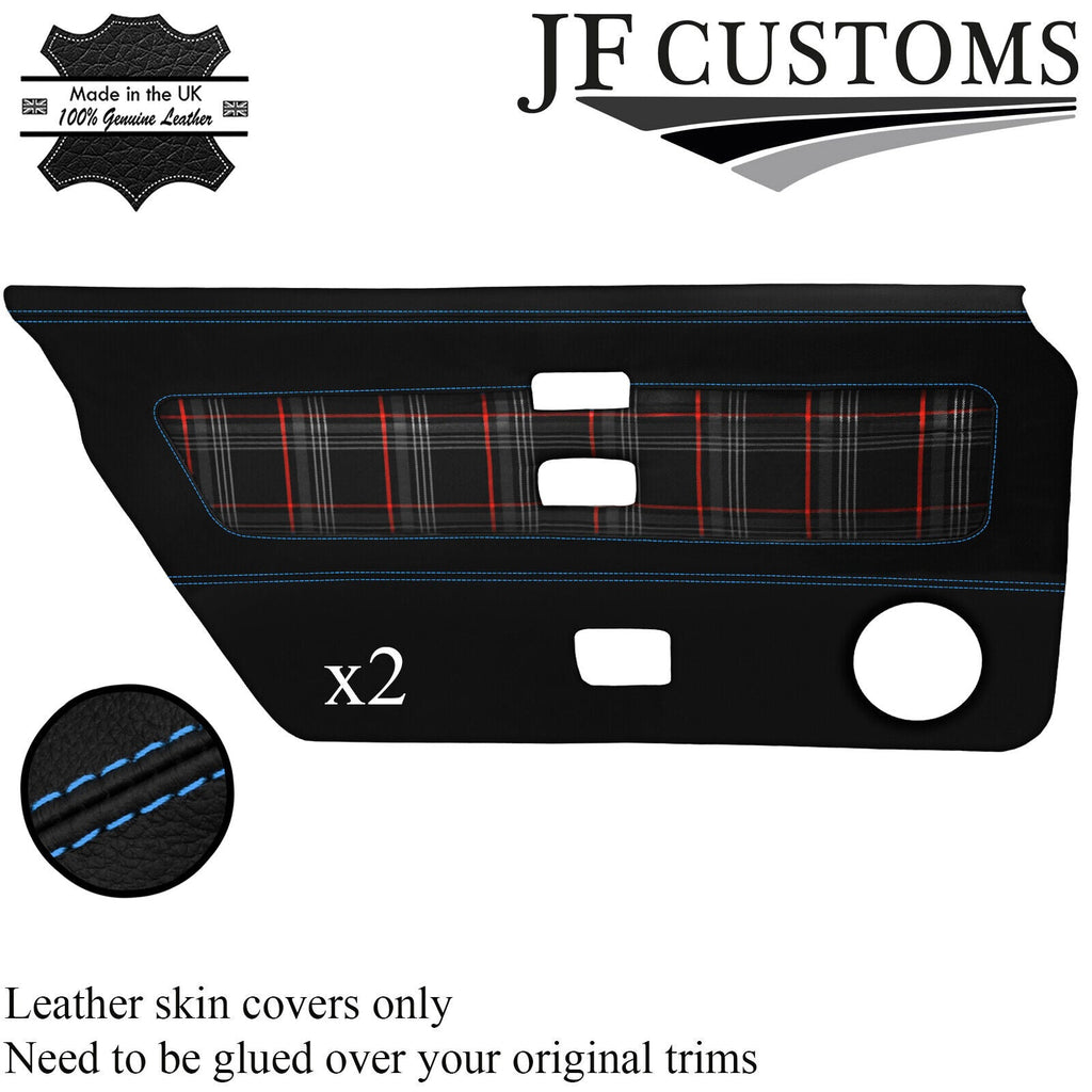 L BLUE STITCH LEATHER+RED TARTAN 2X DOOR CARD COVER FOR TRIUMPH TR8 78-81 JF2