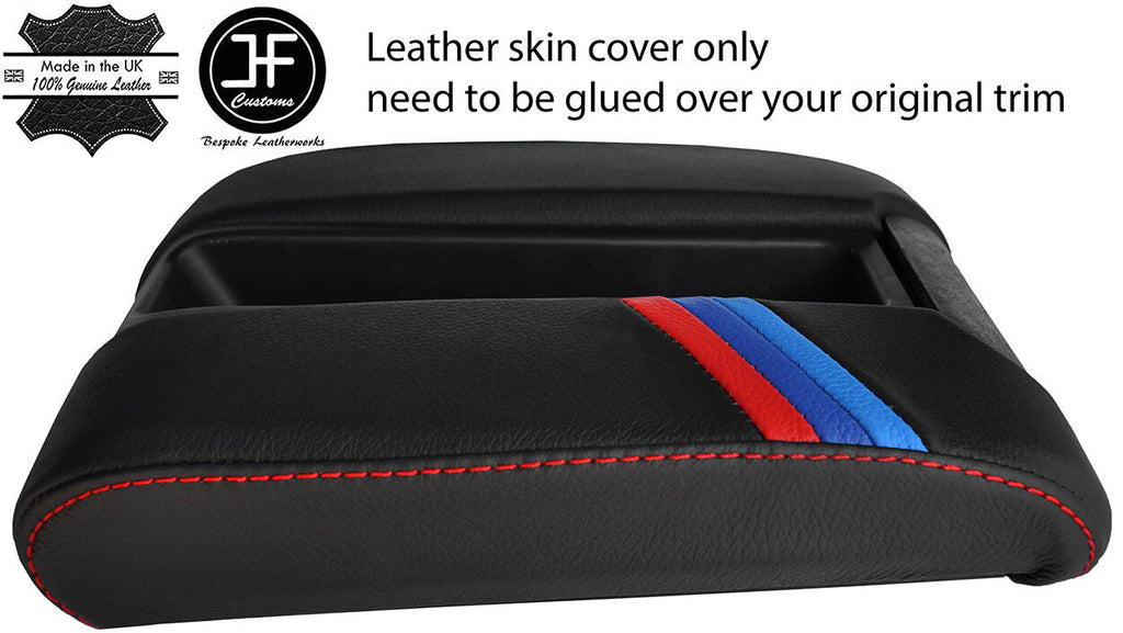 RED STITCH TRI STRIPE SLIDING PHONE ARMREST LEATHER COVER FOR BMW 5 E39 96-03