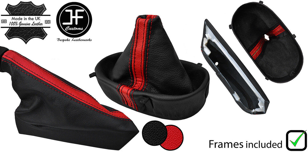 BLACK RED STRIPE LEATHER MANUAL GAITER SET + FRAME FOR CORVETTE C6 2005-2013