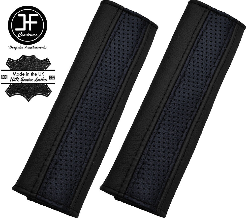 2X BLACK PERFORATED & BLACK LEATHER LUXURY SHOULDER SEAT BELT PADDED PADS