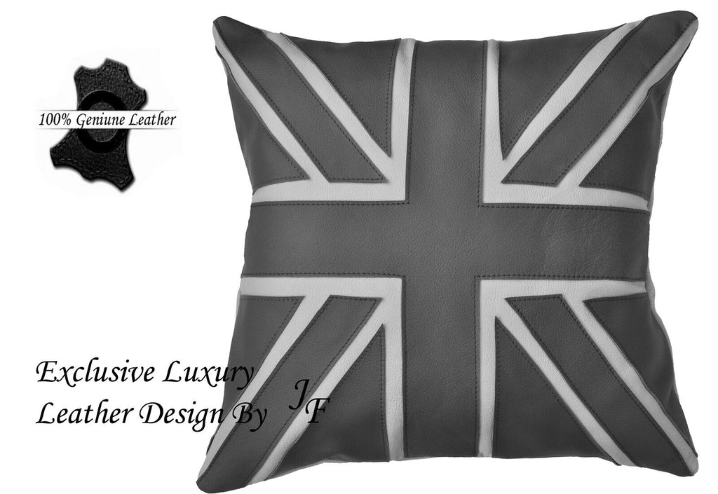 x1 EXCLUSIVE LUXURY GENUINE LEATHER CUSHION DESIGN UNION JACK LARGE GREY
