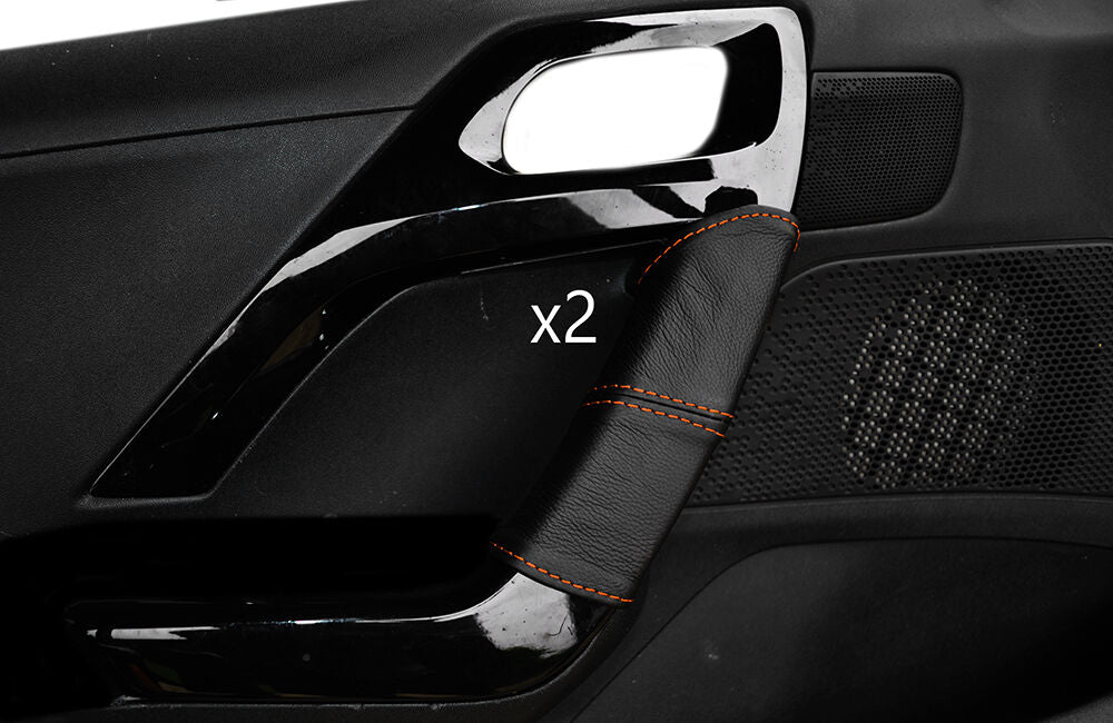 ORANGE STITCH 2X FRONT DOOR HANDLE LEATHER COVERS FITS PEUGEOT 208 2012-2015