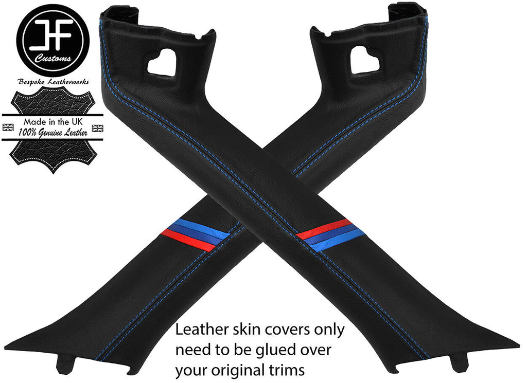 BLUE STITCH TRI STRIPE 2X A PILLAR LEATHER COVERS FITS BMW Z4 E85 ROADSTER 03-09